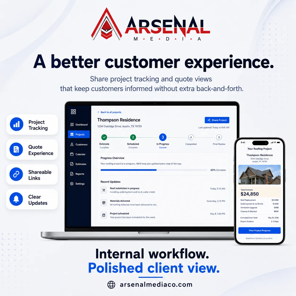 Customer portal and project tracking software screen