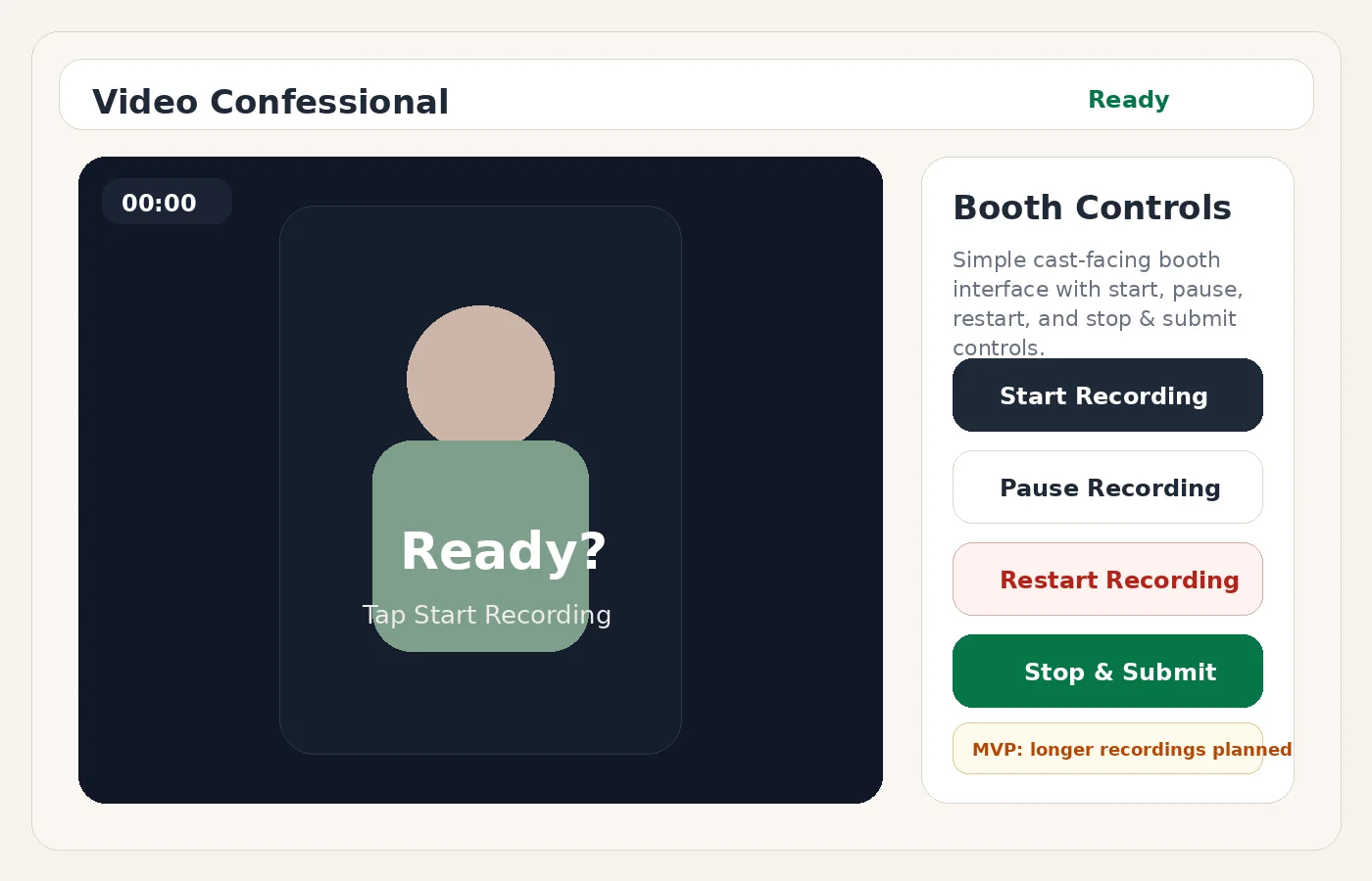 Video Confessional Booth recording workflow for simple capture, admin review, and metadata tagging