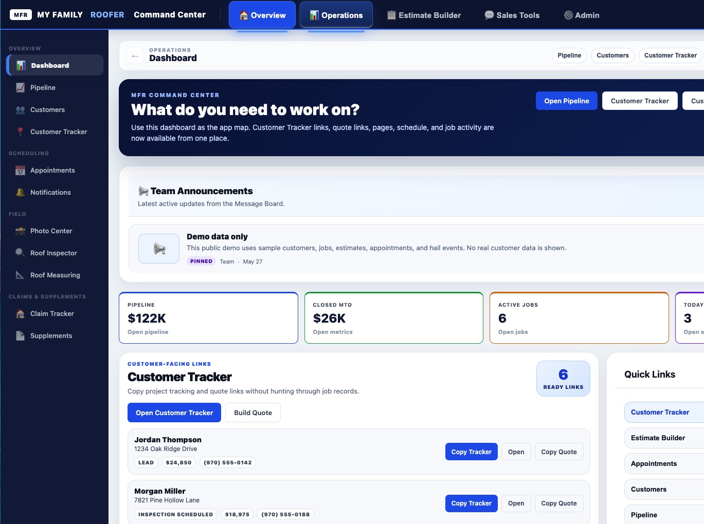 Contractor CRM software dashboard for sales pipeline, estimates, and customer tracking